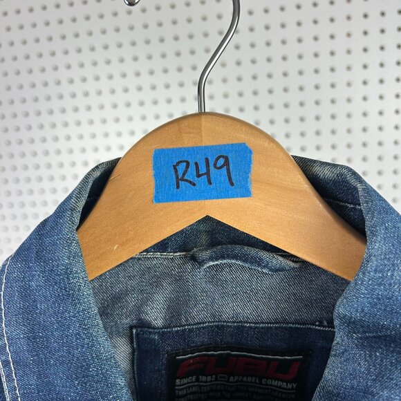 FUBU Denim Y2K Trucker Jacket Mens Large 90s Streetwear Blue Full Zip READ Skate - Picture 10 of 10